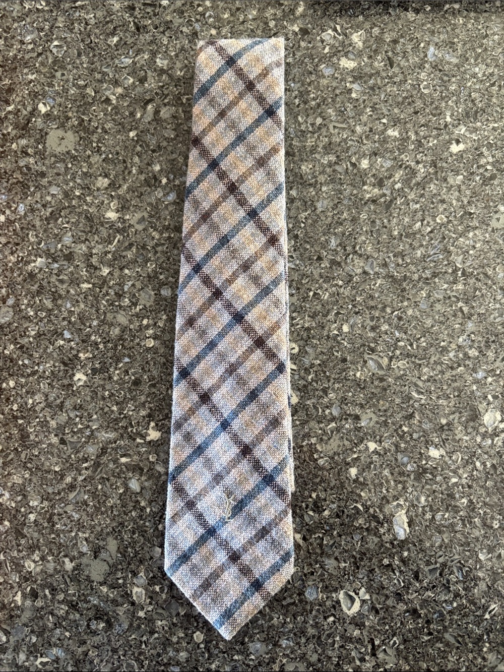 Yves Saint Laurent Classic Plaid Wool Blend Men's Tie in Blue and Grey.